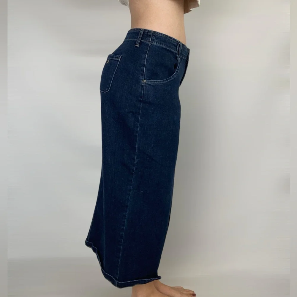 WASH LAB Daily Slit Denim MIDI‎ Skirt Dark Wash High Rise in Dark Blue